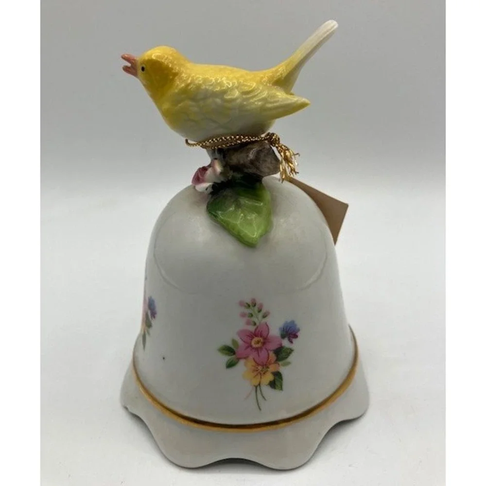 Music Box Porcelain Bell Yellow Bird Figurine‎ Floral Design Decor Made in Japan